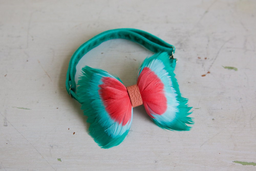 Aqua Watermelon Color Blocking Feather Bow Tie with Pink Leather Center