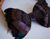 Black Feather Bow Tie with Iridescent Bronze Turkey Feathers