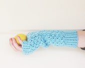 Aqua or Coral Long Fingerless Gloves Hand Crochet - Knit Arm Warmers Sweater Sleeves - Womens Winter Spring Fashion - Made to Order 