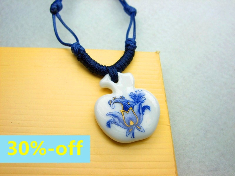 30%-off Ceramic pendant Necklace Jewelry,Original Broken China Enamel Choker Necklace,Blue Flower Porcelain Necklace, Adjustable Blue String