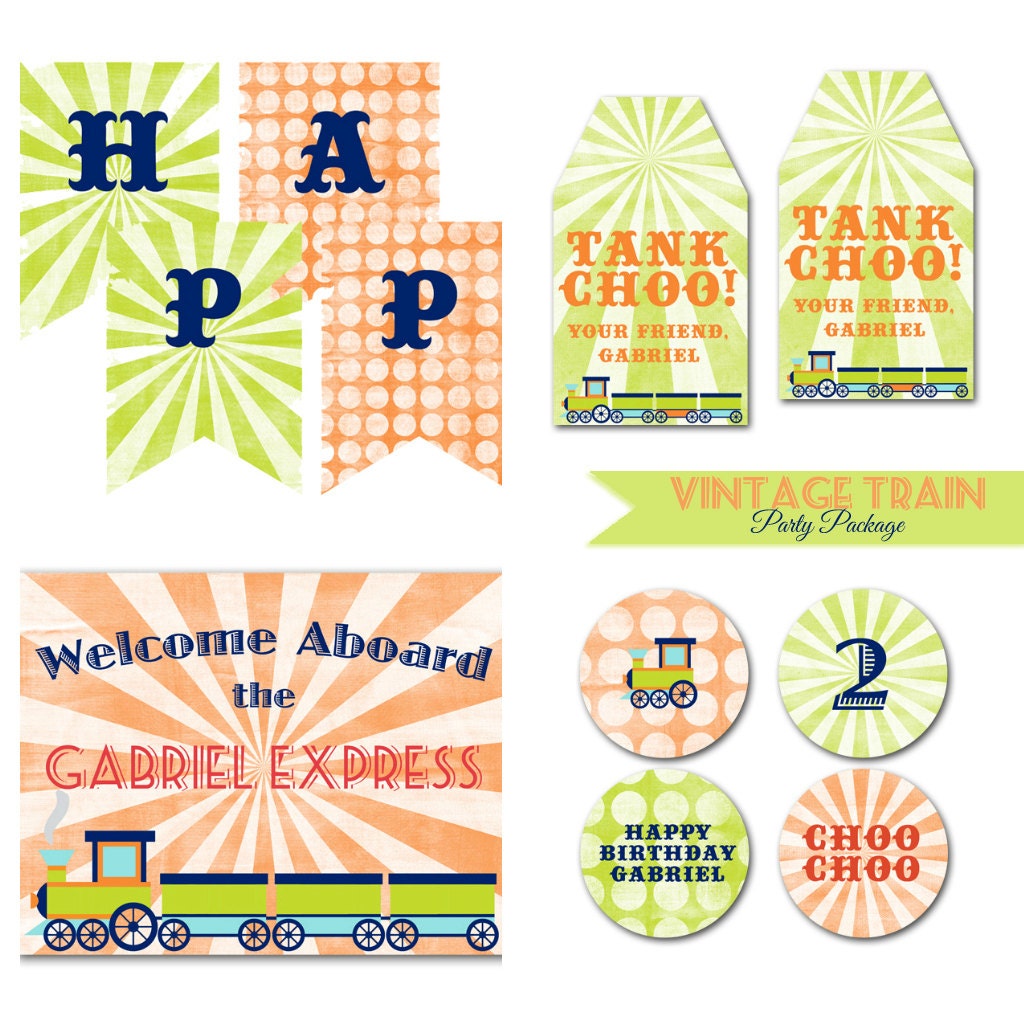 Vintage Train Birthday Party Package. DIY Printable Train Party Decorations. Il_570xn