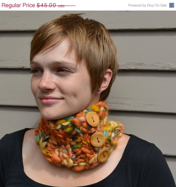 SALE Chunky Wool Knit HeADBaND CoWL CoZy CoMfy Neck Scarf Rust Gold Yellow Green Wood Button Neck Warmer Wrap Scarflette Head Turner In STo