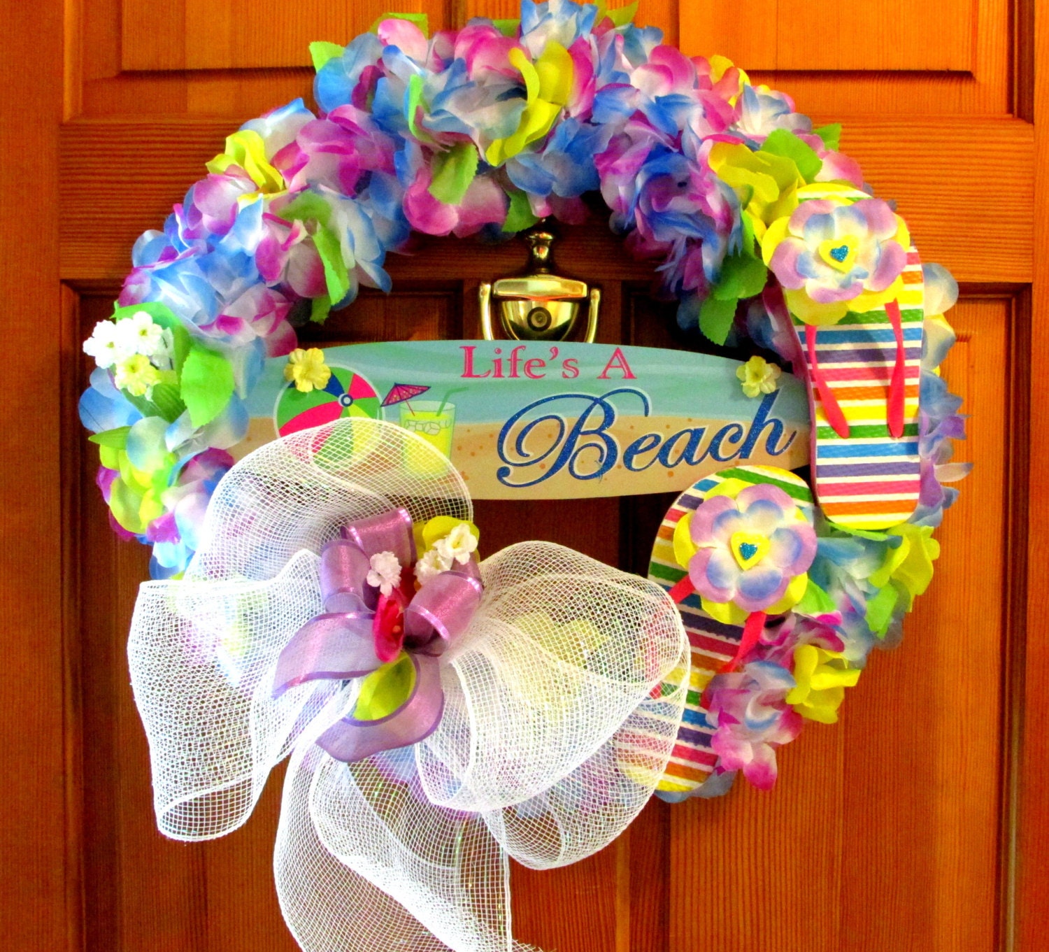 Summer wreath for door, flip flop wreath, whimsical wreath, deco mesh wreath, beach wreath, door hanger, nautical decor, tropical decor