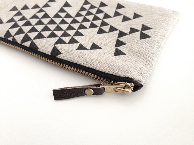Linen zipper pouch, black triangles, silkscreened, makeup bag