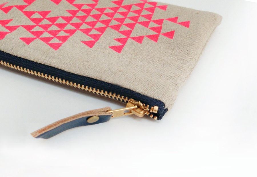 Linen zipper pouch, neon pink triangles, silkscreened, makeup bag