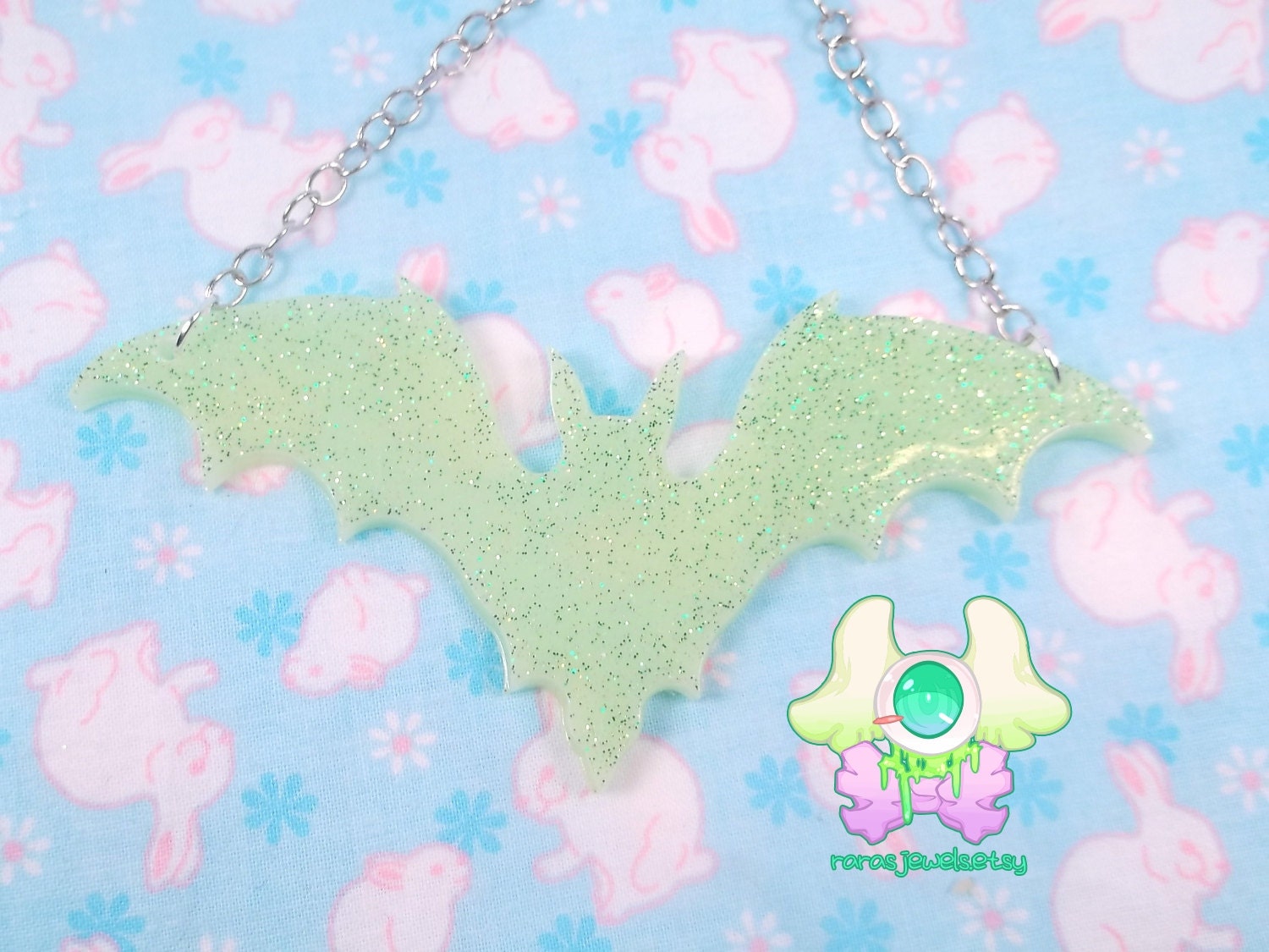 Creepy Cute Bat Necklace - Mint with Glitter