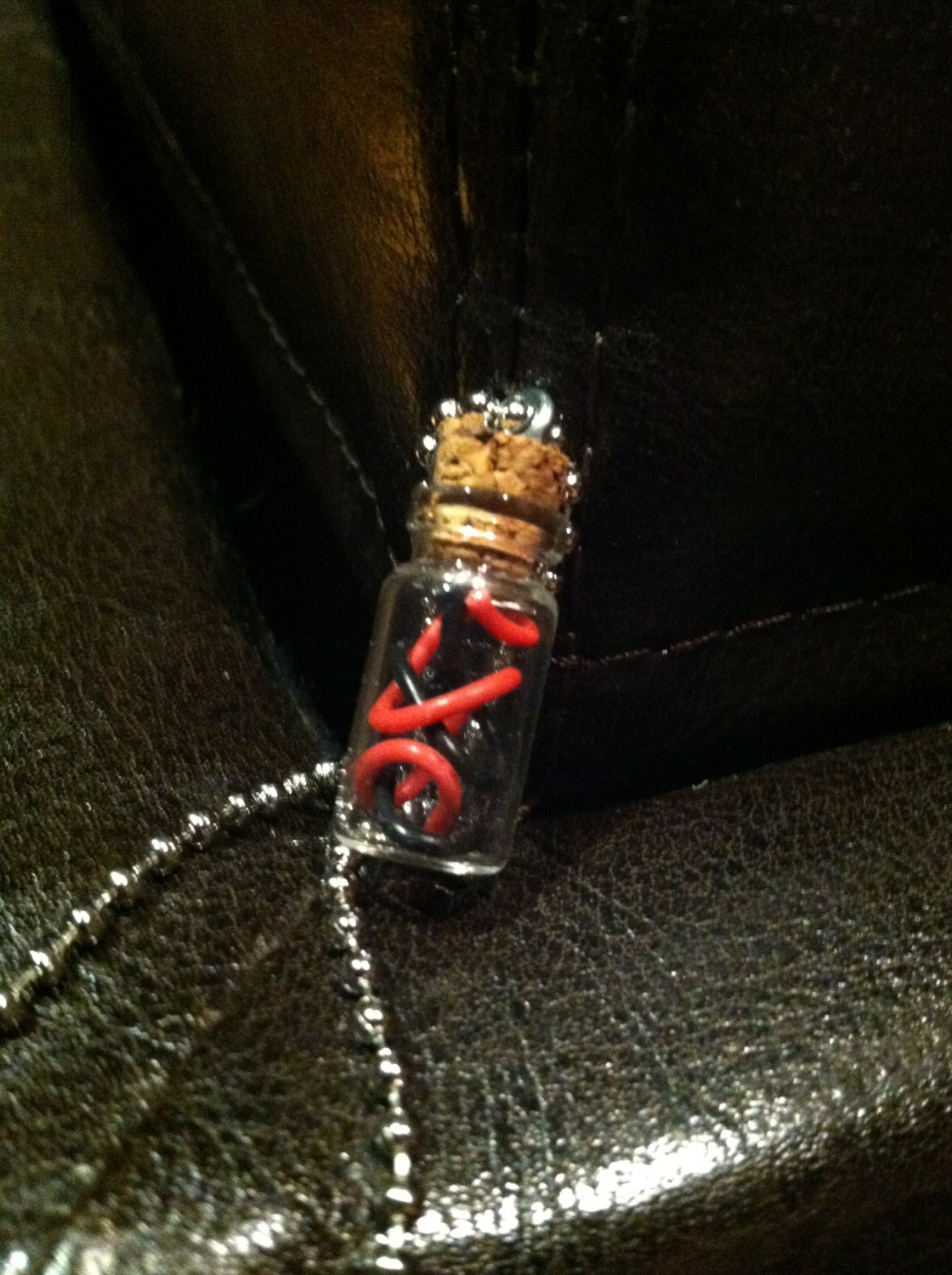 Mini Glass Bottle Pendant Necklace Black Red Wire