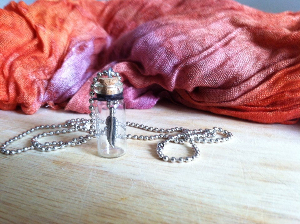 Mini Glass Bottle Pendant Necklace Feather