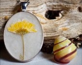 resin jewelry pressed flower necklace. yellow daisy mum pressed botanical on handmade paper