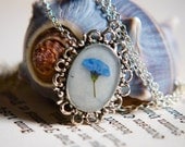 pressed flower jewelry resin pendant light blue forget me not in dainty silver setting studiobotanica