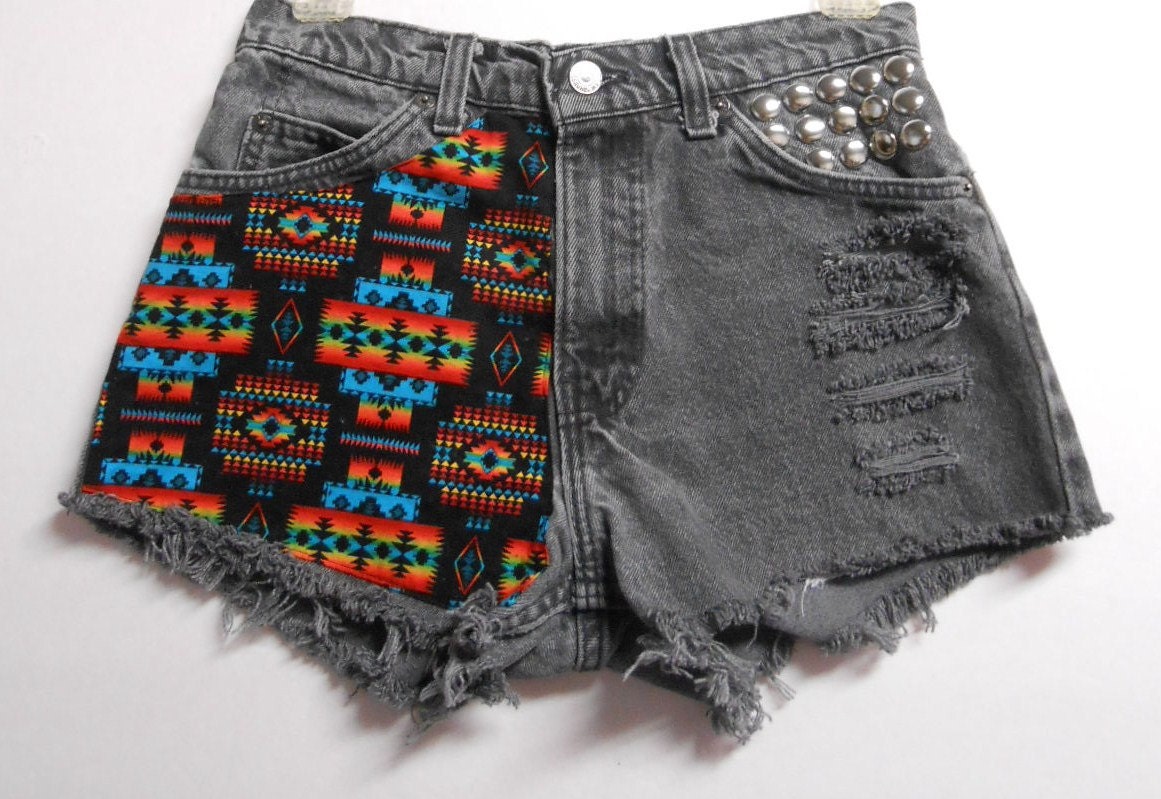 Vintage Levis High Waist  Denim Shorts Tribal  Print with studs Waist  27  inches