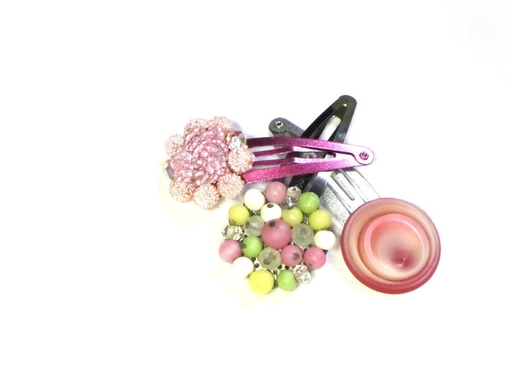 Pastel Hair Accessories, Peach Pink Lime Hair Clips, Vintage, Retro, Spring Hair Fashion