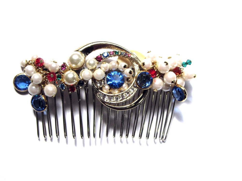 Spring Rhinestone Wedding Hair Comb, Gold, Multicolored Rhinestones, Bridal Hair Jewelry, Vintage Prom Hair Jewelry