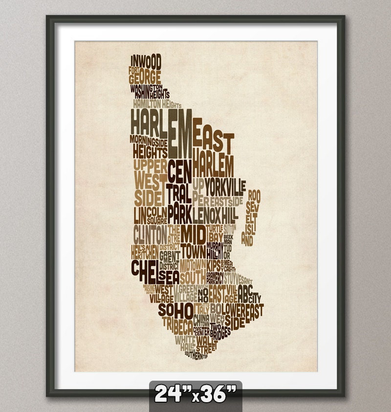 Manhattan New York Typography Text Map, Art Print 24x36 inch (216)