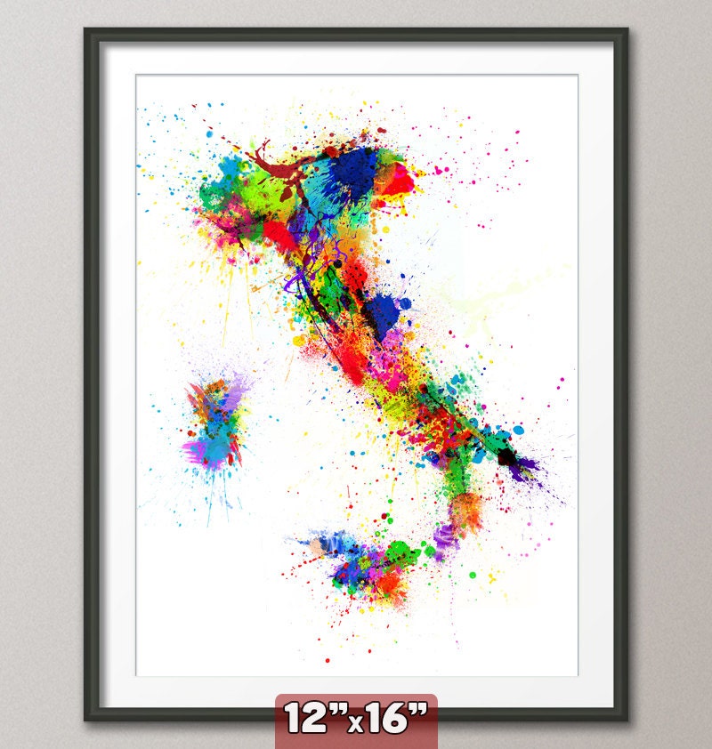 Paint Splashes Map of Italy Map, Art Print 12x16 inch (121)