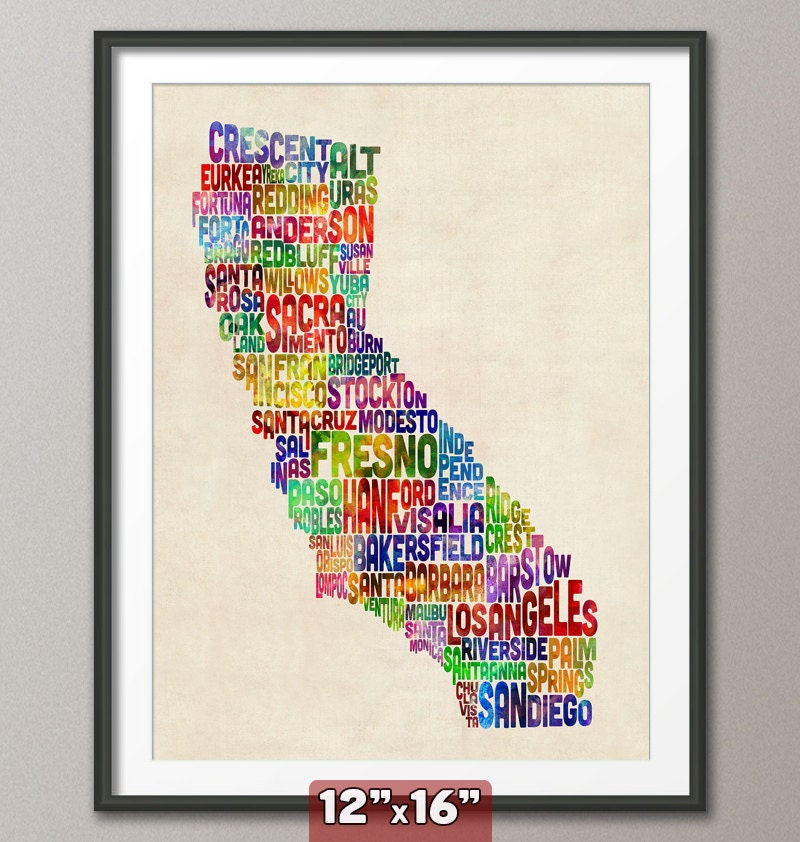 California Typography Text Map, Art Print 12x16 inch (281)