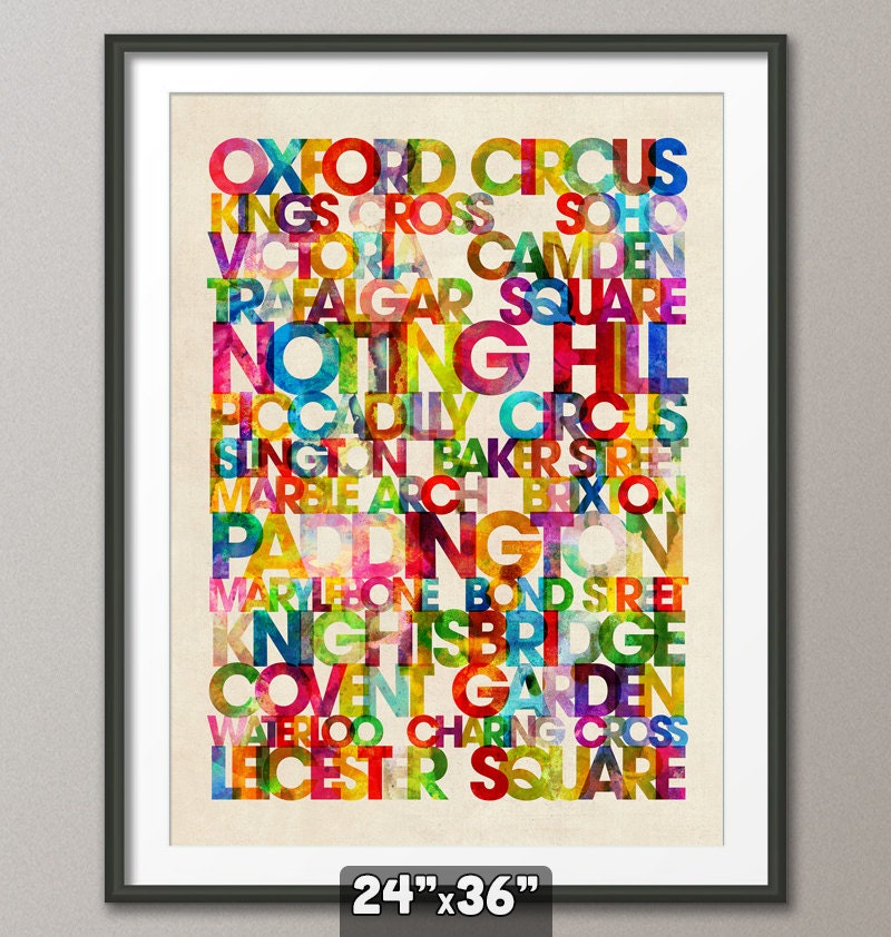 London Destinations Text Map Art Print, Art Print 24x36 inch (20)