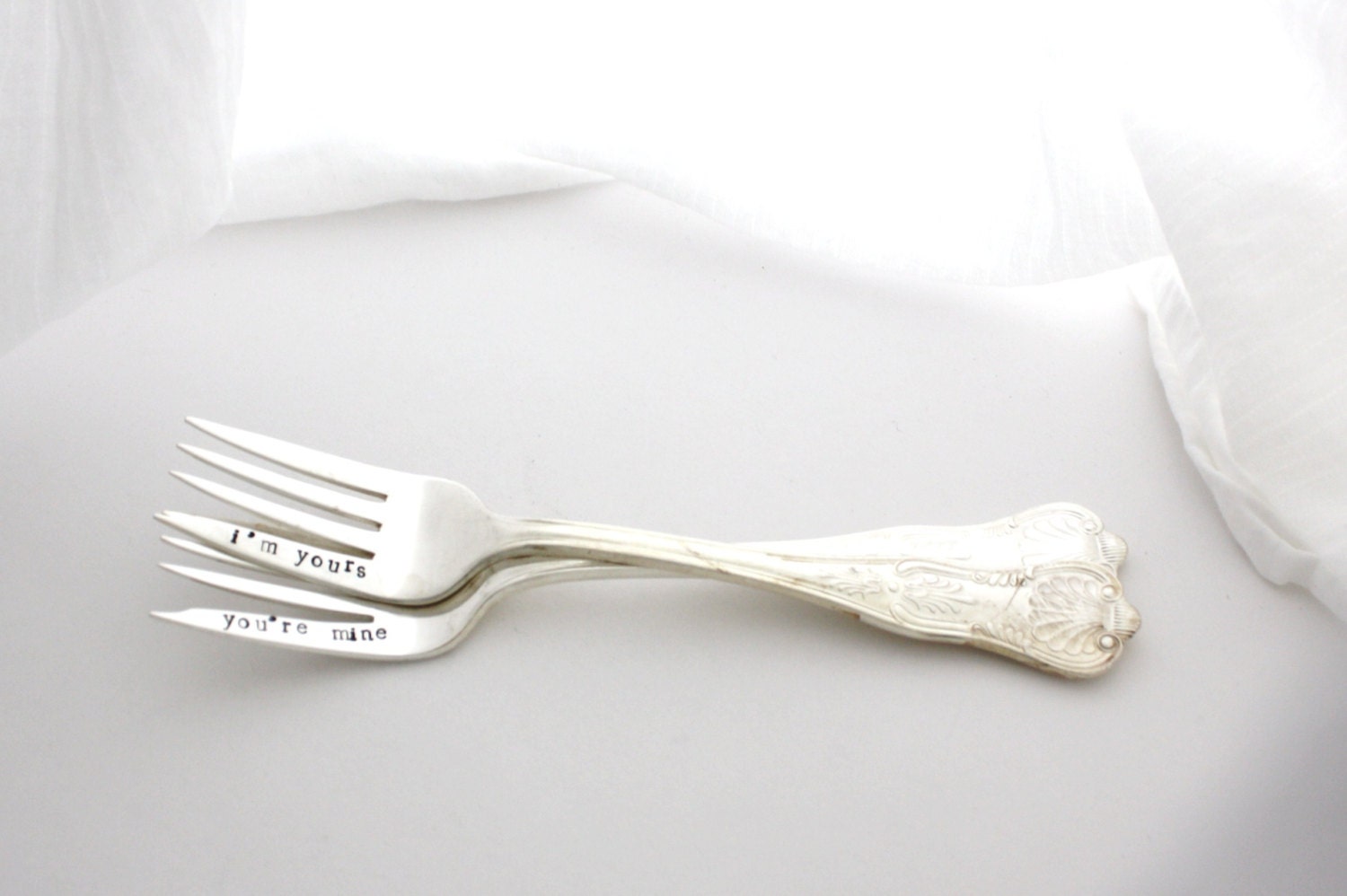 I'm Yours, You're Mine- Wedding Table Setting, hand stamped wedding forks, engagement gift, MTO. Featured by Whole Foods Market.