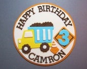 Construction Truck Fondant Cake Topper 6 inches round Dump Truck with happy birthday greeting Il_170x135
