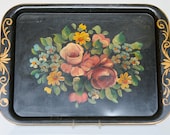 50's Vintage Painted Floral Tray in Black