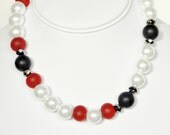 White Pearl Necklace with Red and Black Handmade Beaded Jewelry with Silver Beaded Necklace and Swarovski Pearls