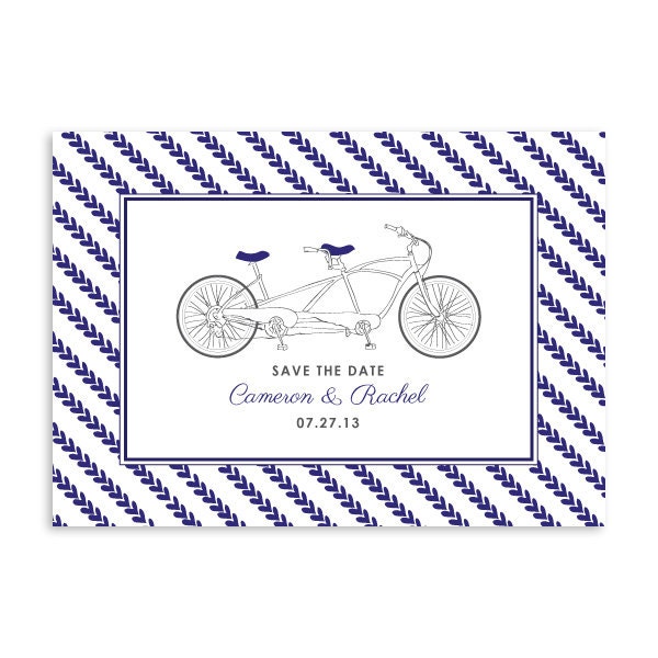 PDF Printable Custom Striped Save the Date Tandem Bicycle Illustrated Postcard