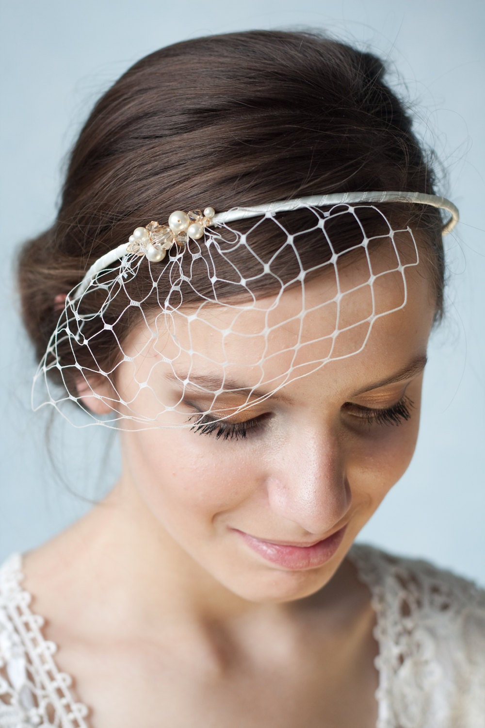 Bridal ivory birdcage veil with Swarovski pearls and crystals, beaded wedding veil, bridal birdcage headband