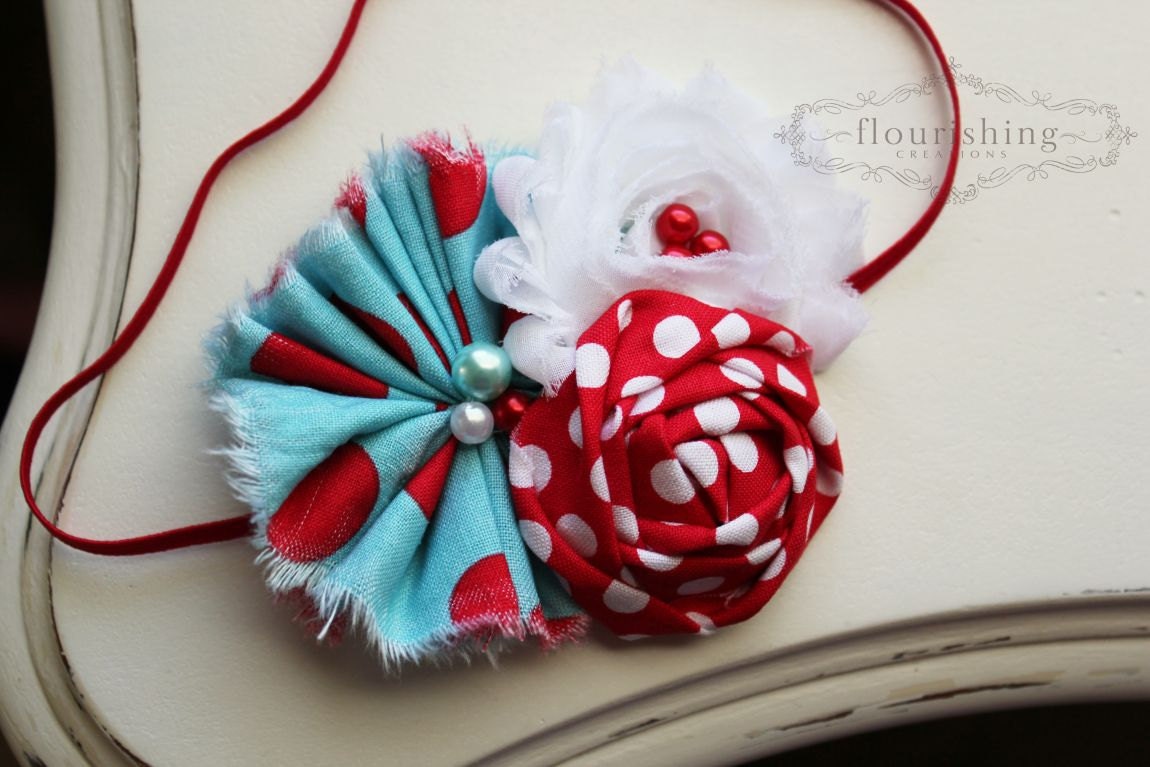 Dr Seuss Inspired flower headband, baby headbands, red headbands, aqua headbands, newborn headbands, dr seuss headbands, photography prop