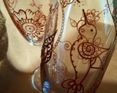 Wedding toasting flutes in copper (2). Hand painted mehndi style designs of hummingbird, butterfly and flowers. Personalize (option)