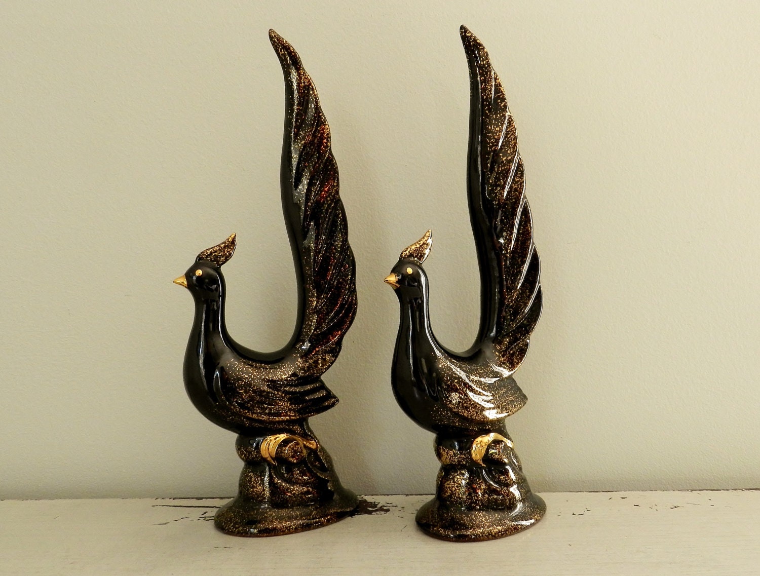 Vintage Peacock Figurines Statues Sculpture Black Ceramic Old Hollywood Regency Decor