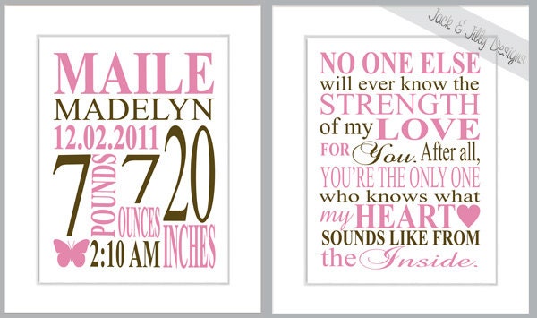 MATCHING NURSERY ART - Birth Stat and Strength of my Love Print - You Choose the Custom Colours - No one Else will ever know poem