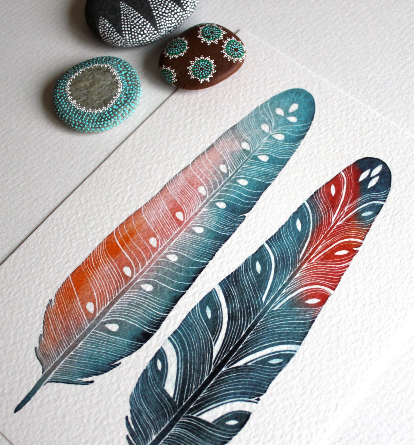 Feather Watercolor Painting - Modern Home Decor - Small Archival Print - 5x7 Luna Feathers