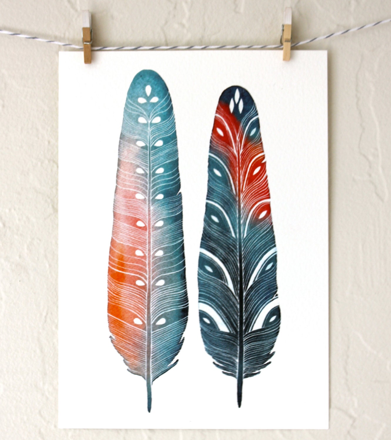 Feather Watercolor Painting - Modern Home Decor - Large Archival Print - 11x14 Luna Feathers
