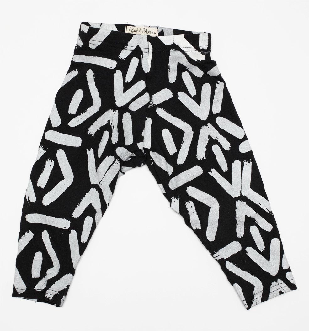 Hand Printed Kids Leggings in White on Black 'Faces' Print