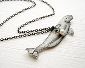 Beluga Whale Necklace, Shrink Plastic Necklace, Arctic, Marine, Sparkle, Cream and Lavender, Mystical, wearable Art