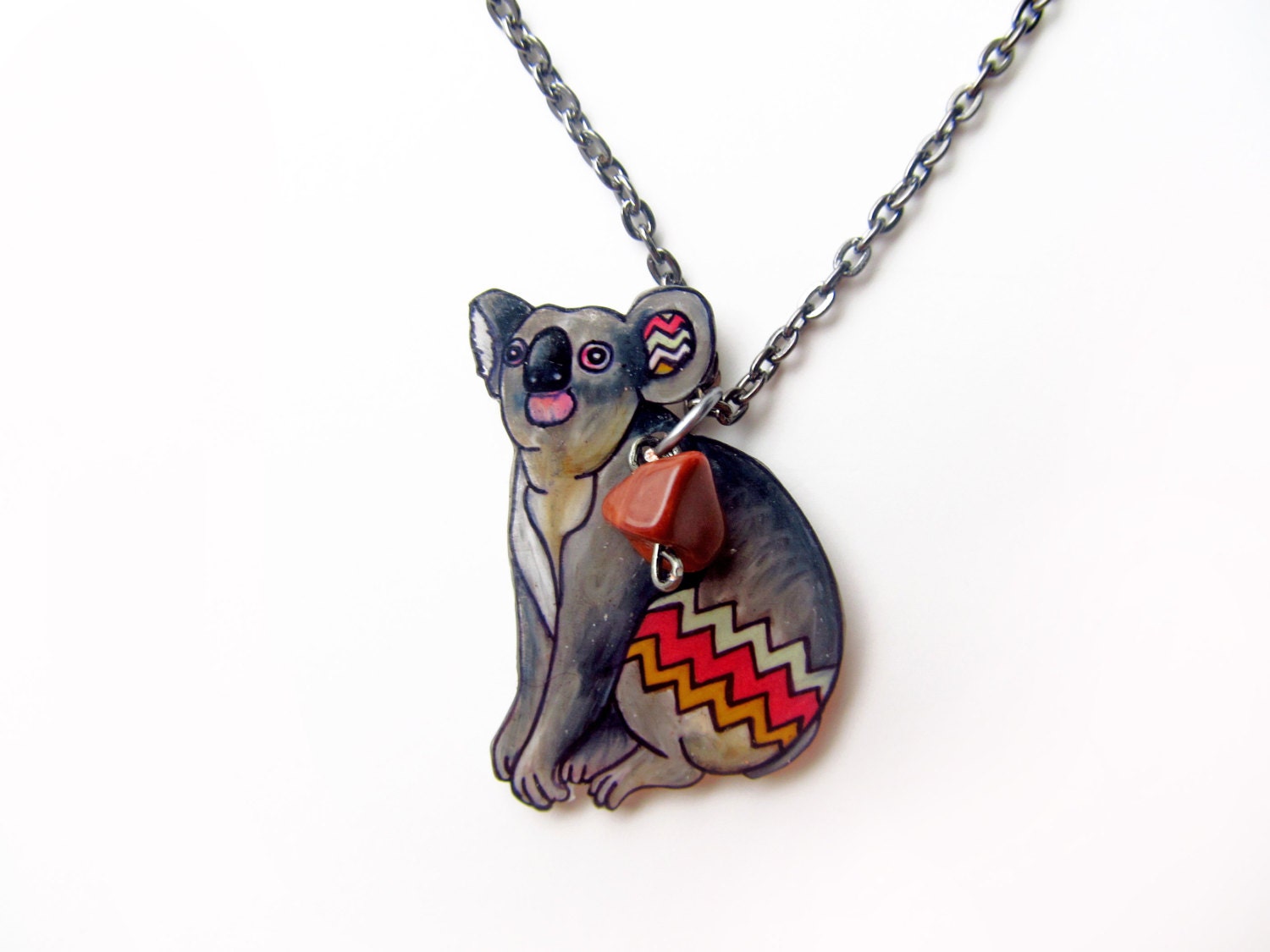 Koala Necklace / Chevron Animal / Chevron Necklace / Striped  / Australian Animal / Marsupial / Gray, Grey / Pink / Shrink Plastic Jewelry