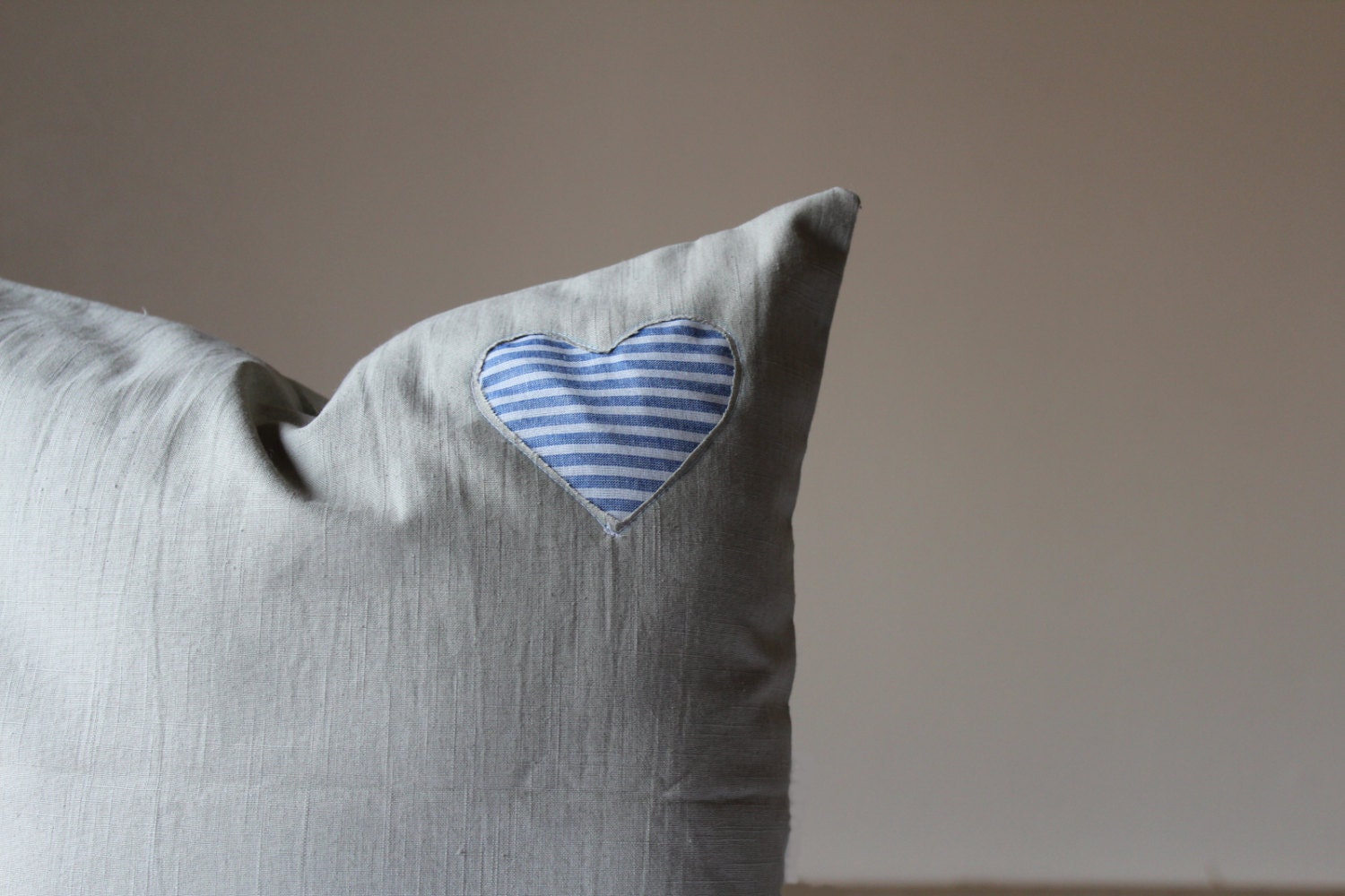 Handmade Nautical love- Reverse appliqué, nautical, blue, white & tan heart wedding/nursery/home decor throw pillow 18 x 18 in.