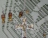 Silver Rhinestone Cross Pendant Necklace With Crystal Dangles & Swarovski Crystal Earrings Set- OOAK