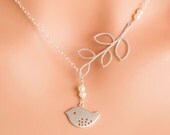Silver Branch Lariat - bird necklace, silver leaf necklace, silver leaf lariat, silver bird, twig