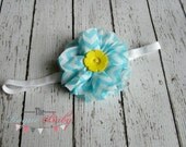 Chevron Headband Aqua Blue & White with Yellow Skinny Band- Newborn Infant Baby Toddler Girls Adult