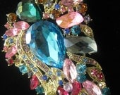 Huge Vtg Multi Color Rhinestone Brooch.  Ostentatious & Playful at the Same Time. OVER 3 1/2 x 2 Inches