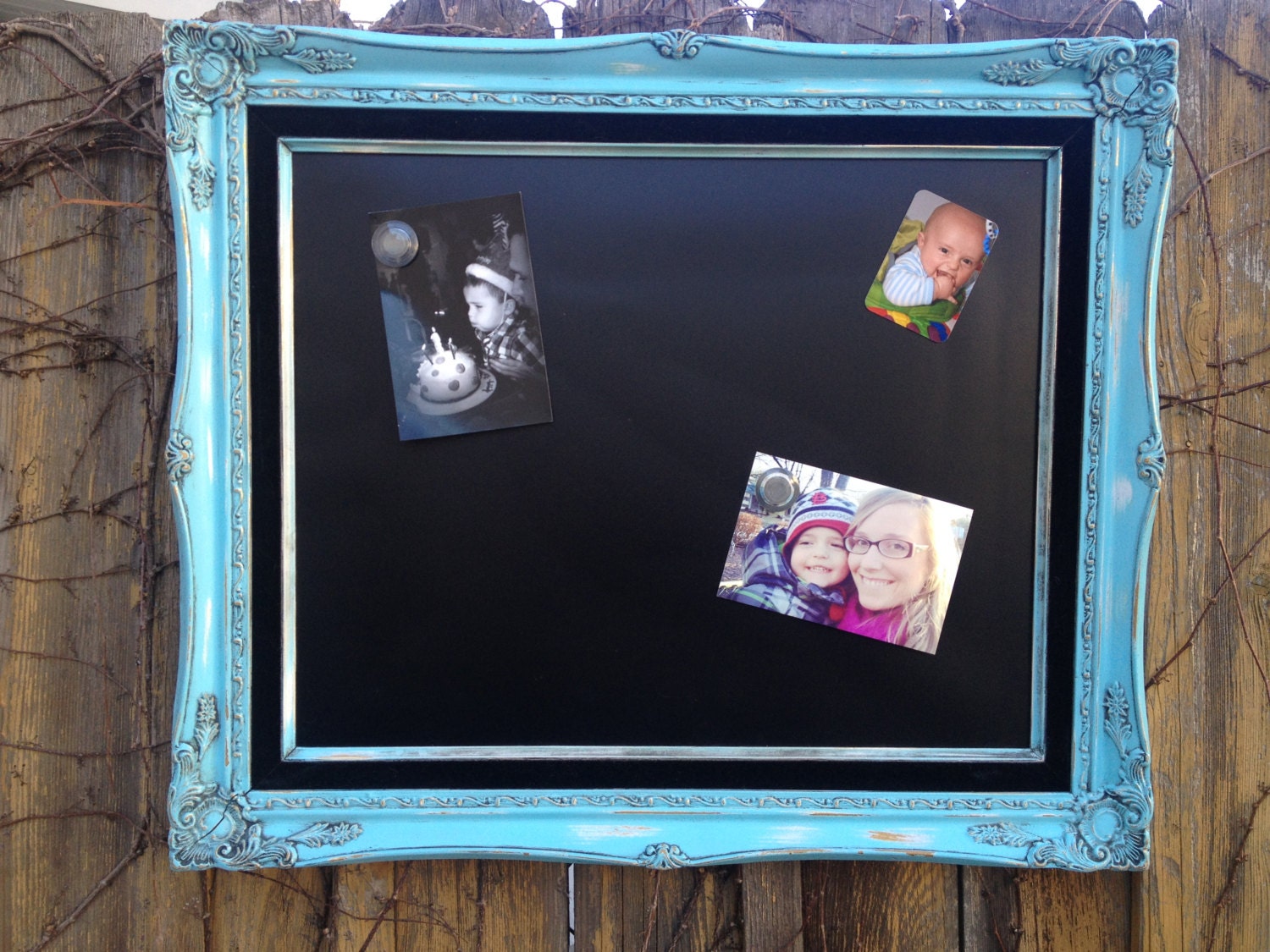 Antique Ornate Frame - Turquoise & Black antique glaze -  MAGNETIC CHALKBOARD - Shabby Chic distress frame  - Black Velvet trim - Victorian