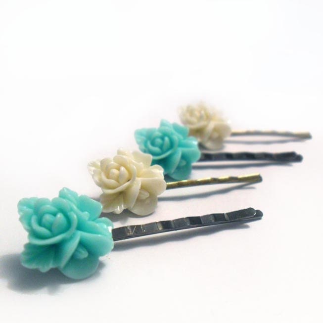 White and Sky Blue Flower Hair Clips, Wedding Accessory, Something Blue