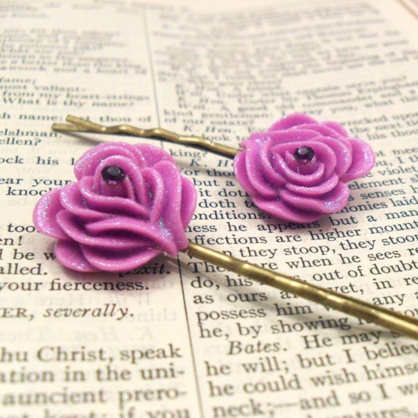 Bridesmaid Hair Clips, Purple Lavender Lilac Flower Bobby Pins with Rhinestones