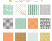 Custom 4 piece Nursery Set (Bumper Pads, Crib Sheet, Crib Skirt, & Changing Pad Cover in Orange, Gray, and Aqua Coordinates)