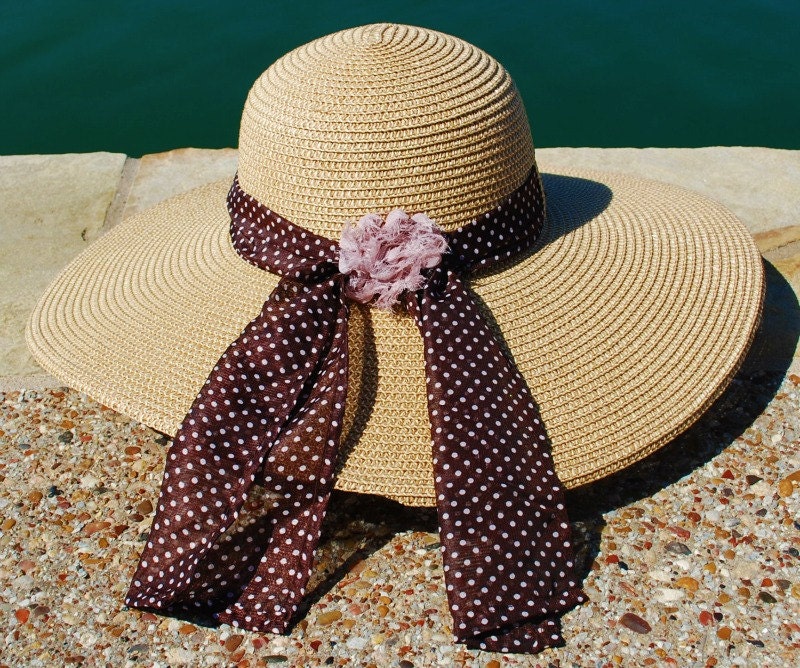 Natural Brown Floppy Hat with Brown Polka Dot Sash