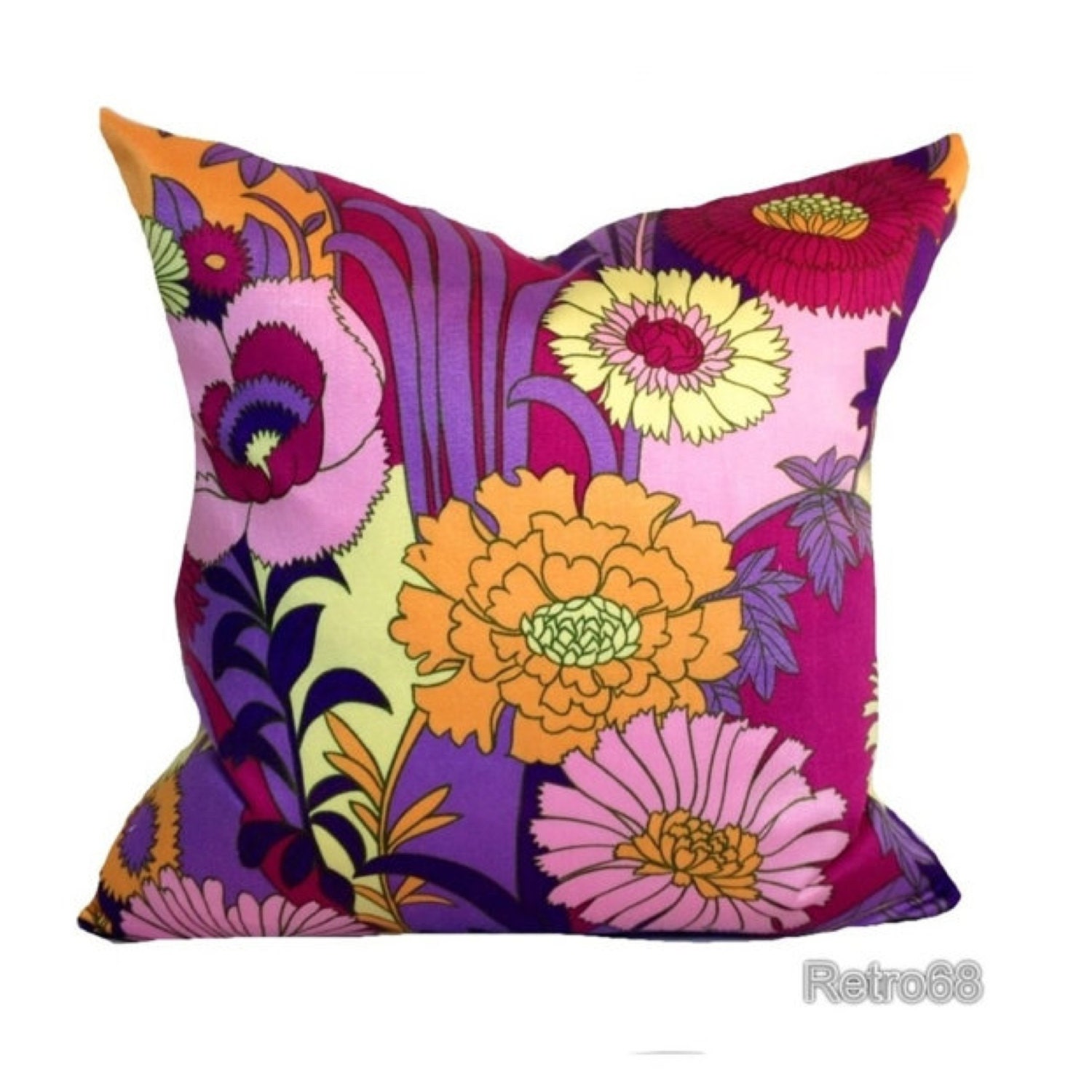 Throw Pillow Retro 1970s Floral Decorative Pillow. Vintage Fabric. Pink Purple Cushion - Retro68