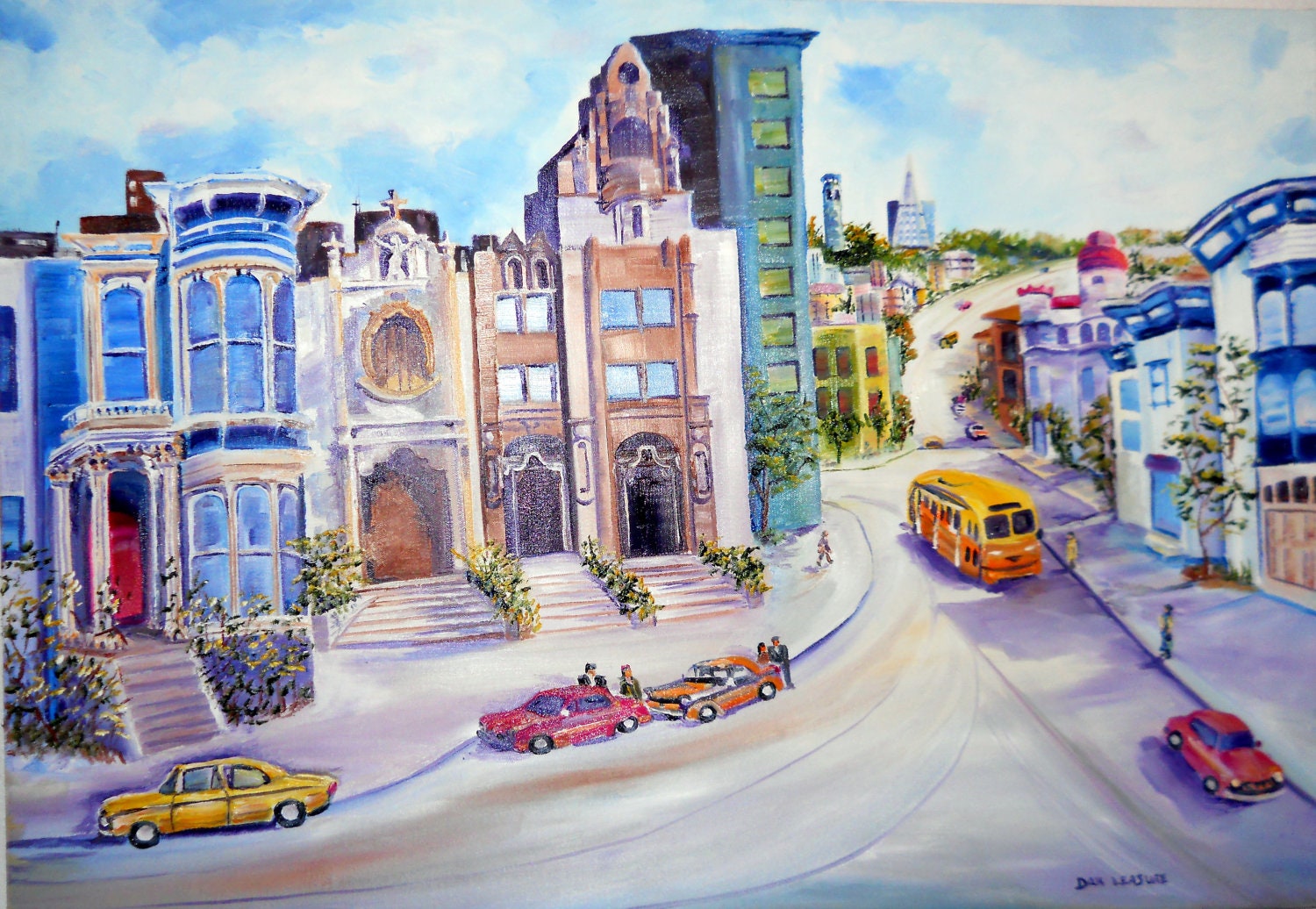 San Francisco Streets, Mission District, Victorians, Dan Leasure OOAK Oil, 33 x 23 inches, Gallery Wrap, Ready To Ship
