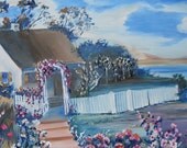 Welcome Home Oil, BlueBelles Dream House, Home Portrait, Garden Gate Painting, Picket Fence Dream, 13.5 x 28", Dan Leasure Art