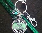 Emerald Green Rhinestone Bling Lanyard with Personalized Beaded Bezel Pendant